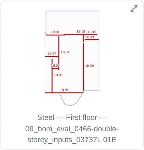 Steel, first floor: every beam in red with its mark