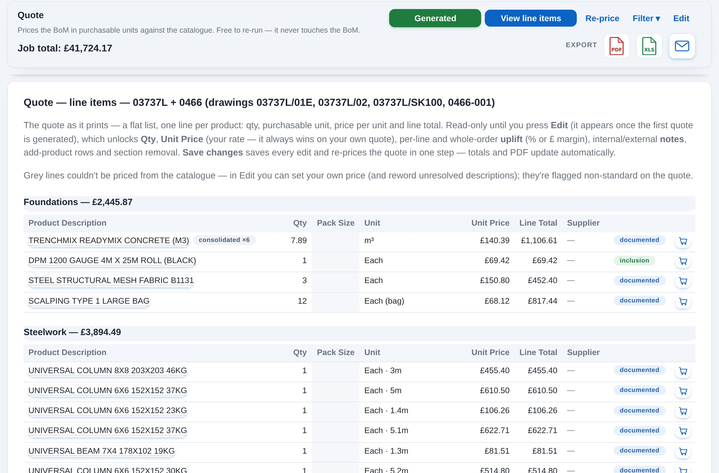 The Quote screen: a job's priced lines by section, with unit price and line total, ready to export
