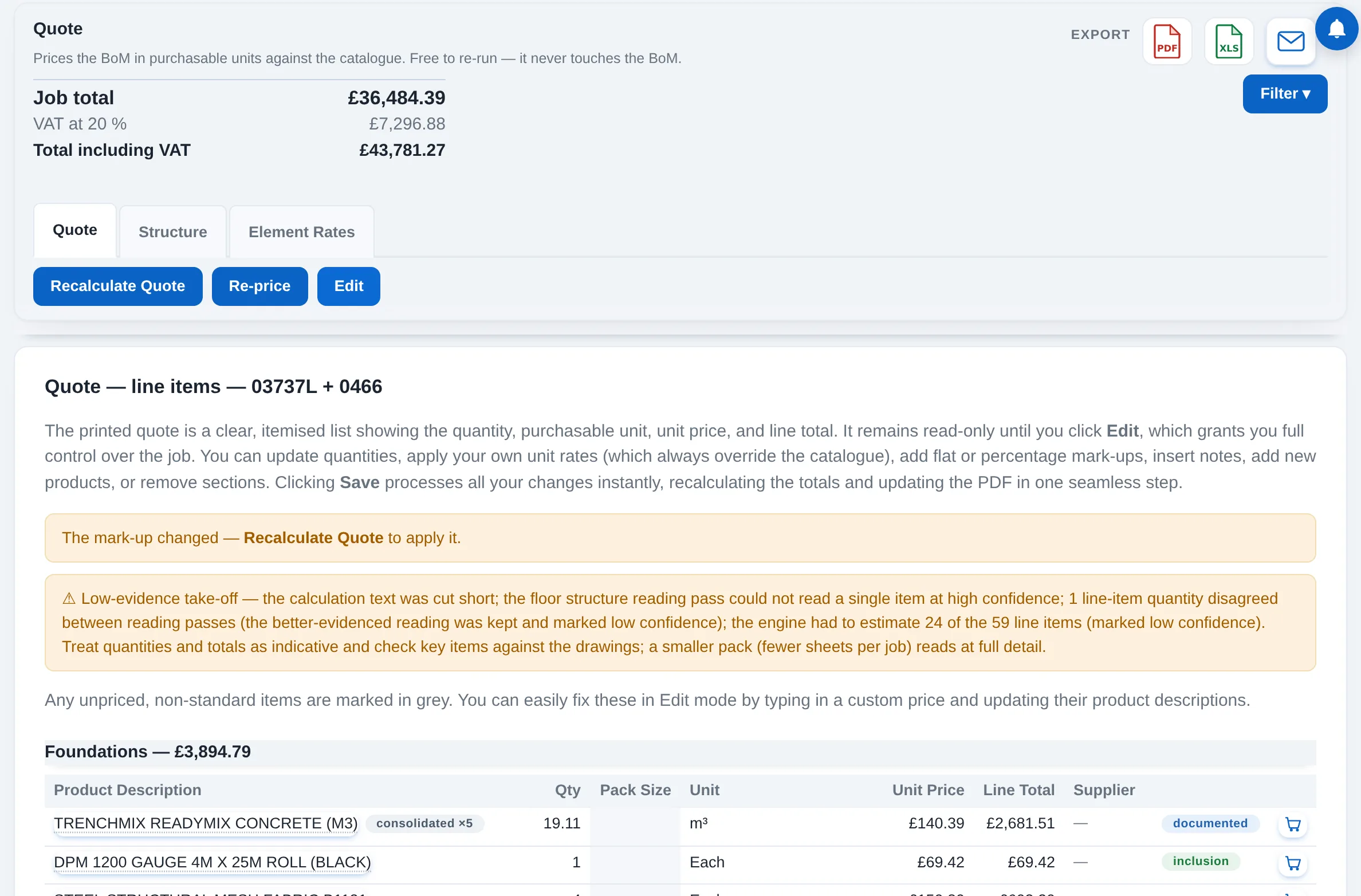 The quote: generated, the job total, the exports, and the priced lines by section