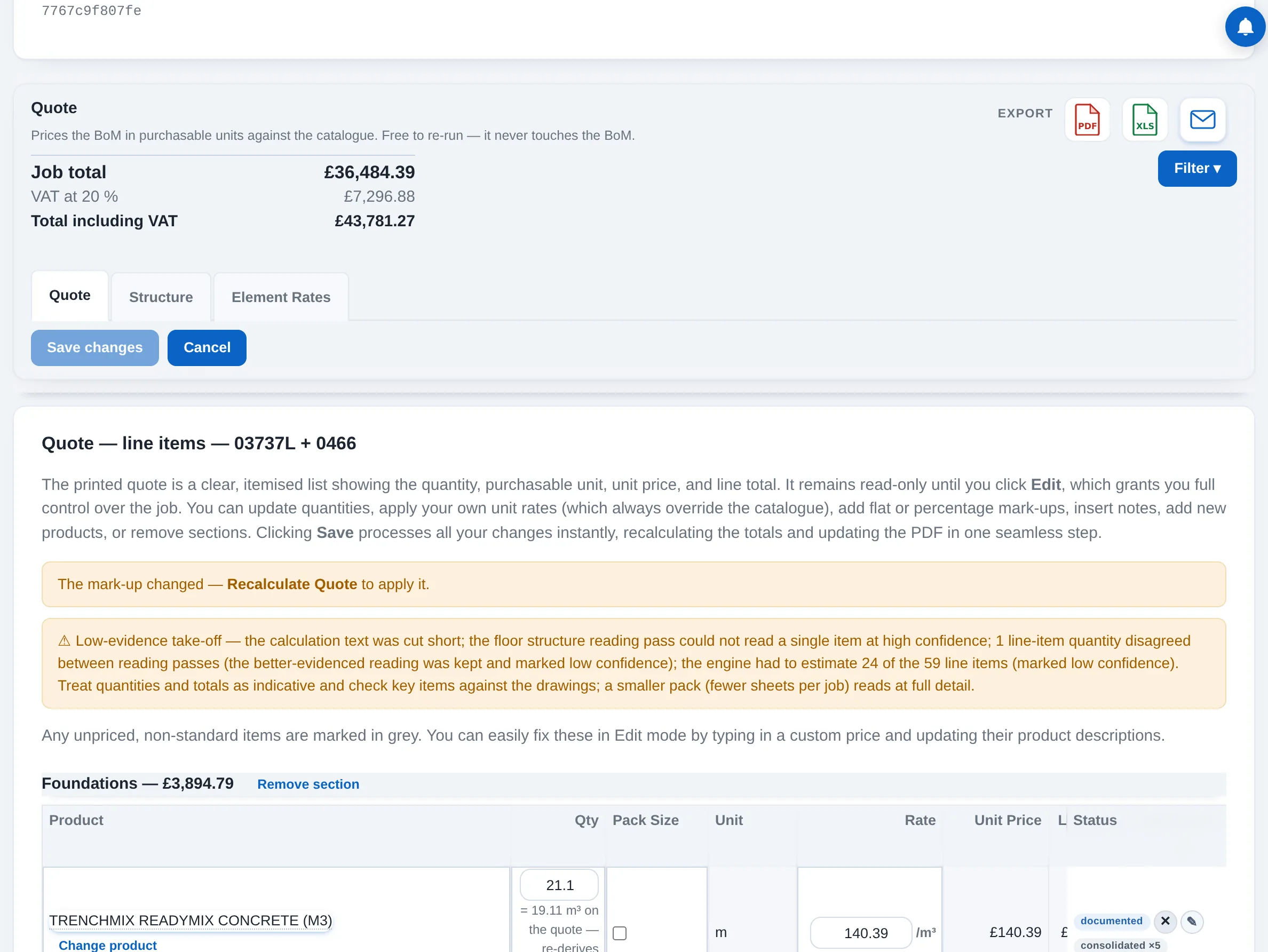 Edit mode: quantities, your rate, remove, replace product, add product, and the section notes